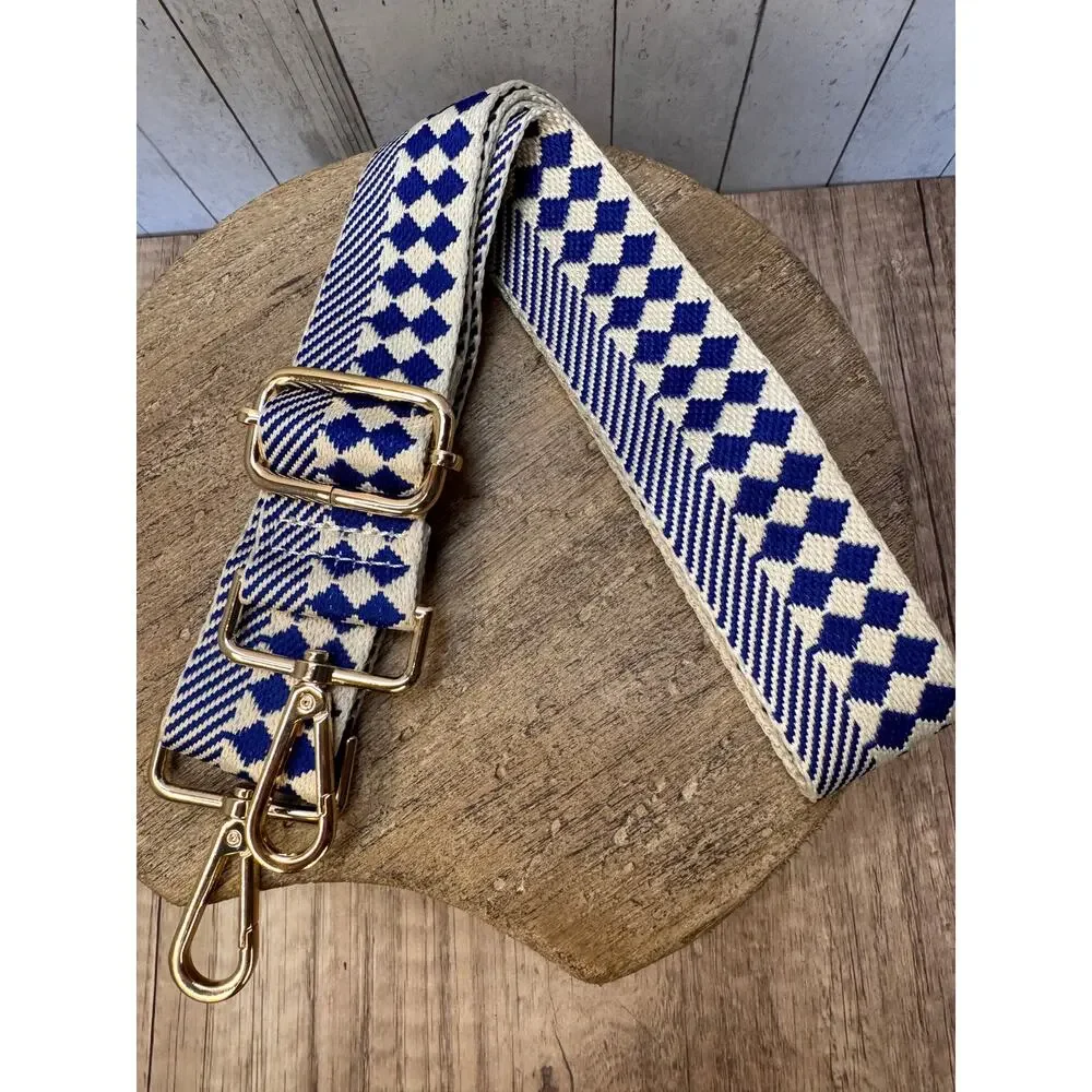 White Blue Checkered Purse Strap Wide Bag Strap Boho Crossbody Purse Strap